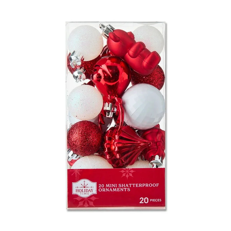 Red and White Mini Multi-Shaped Shatterproof Christmas Ornaments, 20 Count, by Holiday Time | Walmart (US)