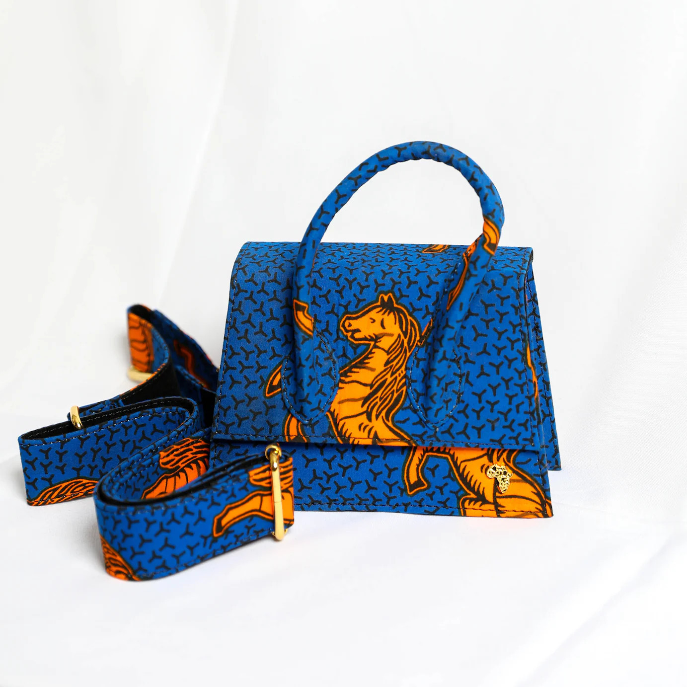 GG 18 | Orange with Royal Blue Jumping Horse | Micro Ankara Trapezoid Top-Handle Bag | Maryland Adure