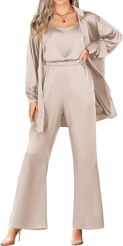Ekouaer Womens Silk 3 Piece Pajamas Satin Camisole Loungewear Set Button-Down Cardigan with Loose... | Amazon (US)