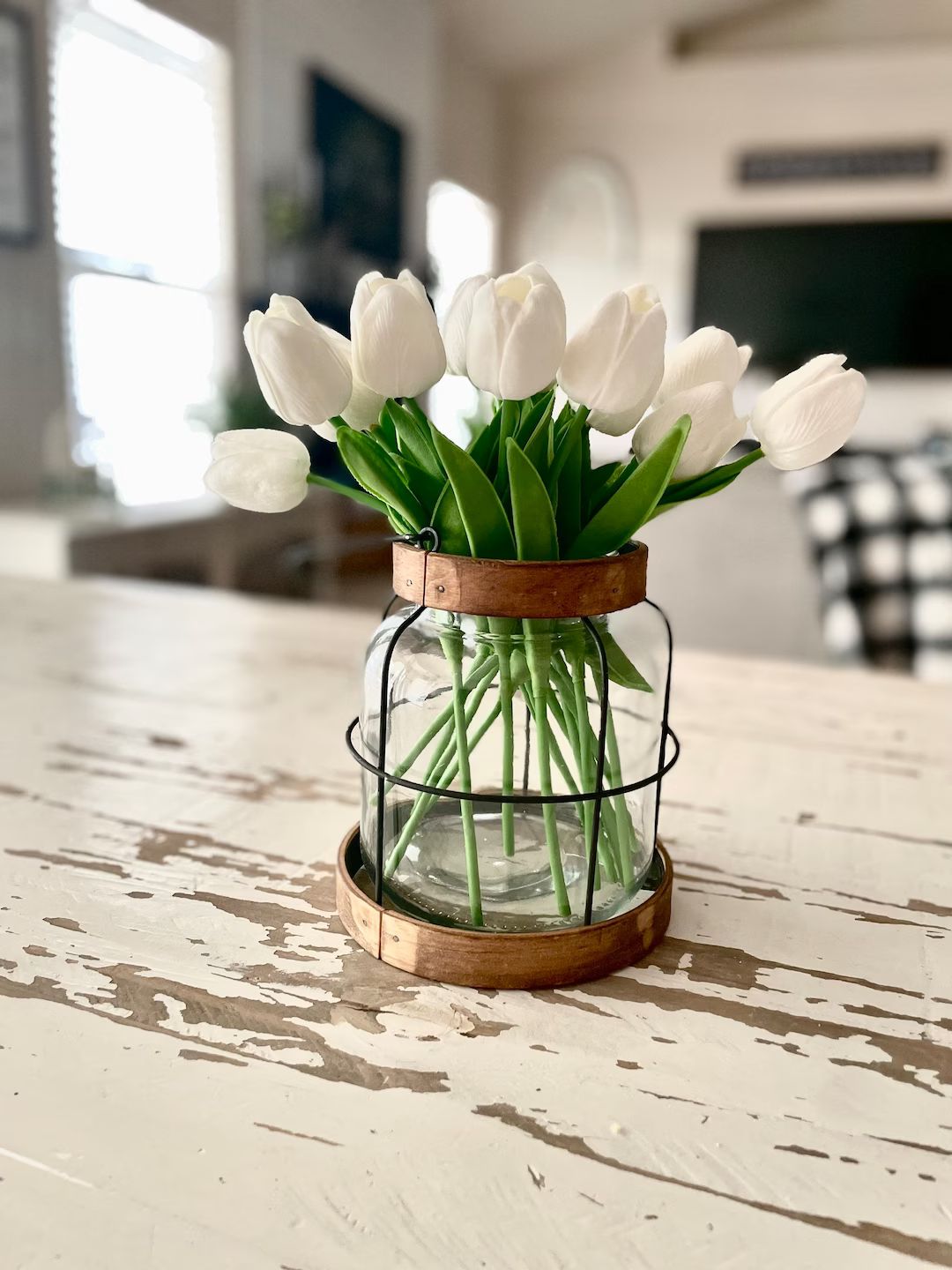 Vintage Style Farmhouse Vase With Tulips, Spring Tulip Centerpiece, Rustic Lantern Decor, Rustic ... | Etsy (US)