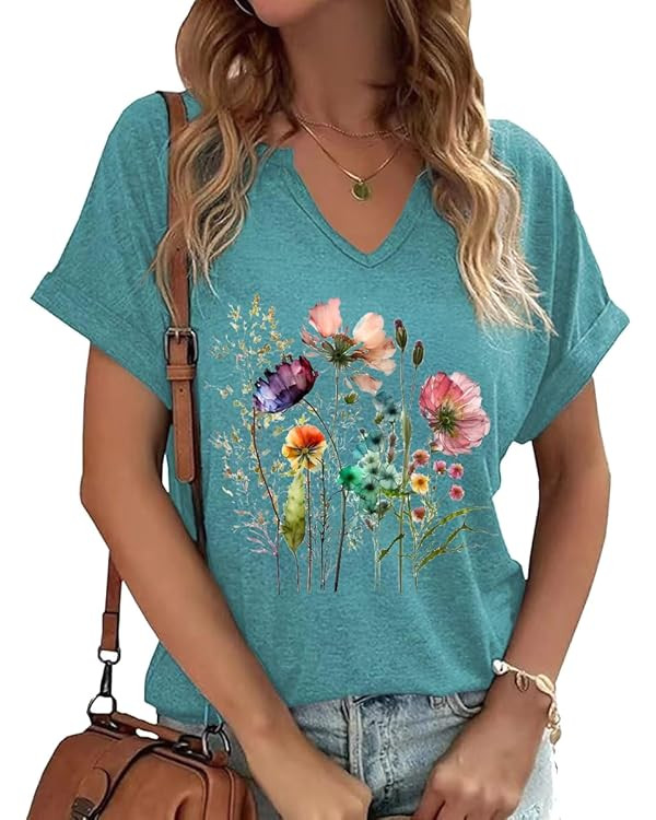 PUCKOLITY Vintage Flowers V Neck Shirt for Women Boho Floral Wildflowers Graphic Tee Casual Cotta... | Amazon (US)