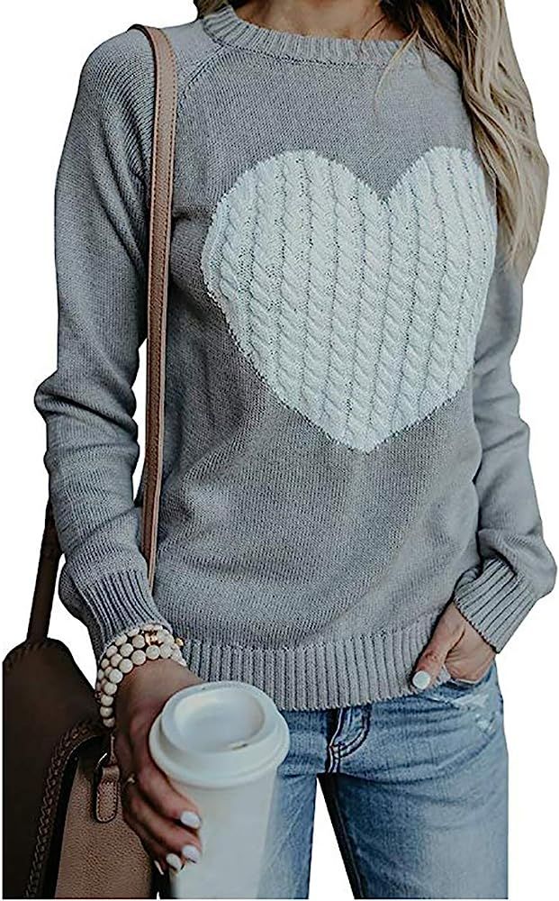 Women's Pullover Sweaters Long Sleeve Crewneck Cute Heart Knitted Sweaters | Amazon (US)