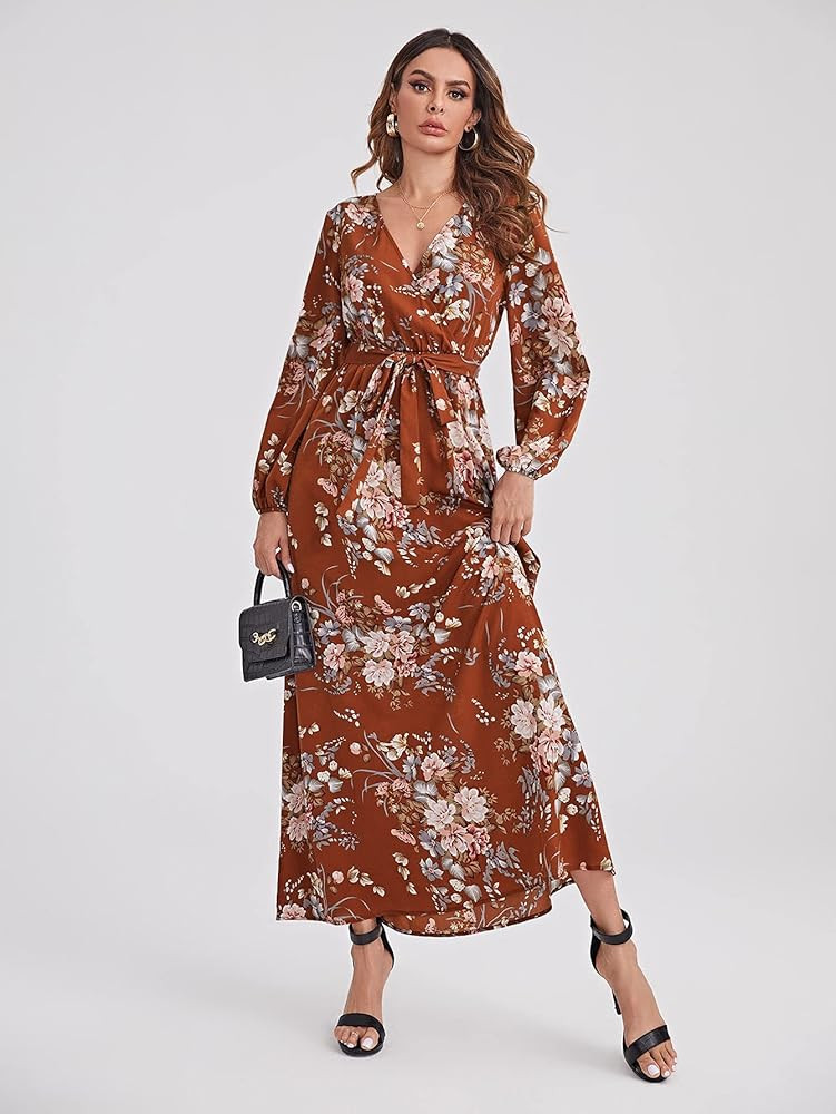 Floerns Women's Summer Wrap V Neck Long Sleeve Belted Floral Print Maxi Dress | Amazon (US)