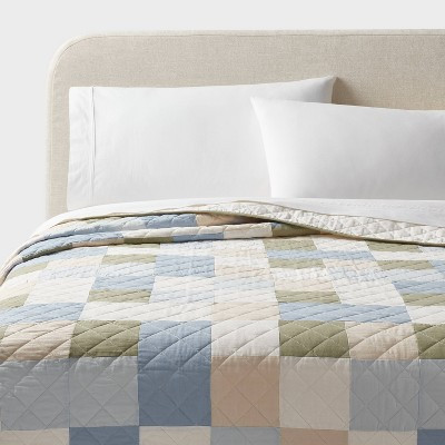 King Pieced Patchwork Quilt Blue/Ivory/Green - Threshold™: OEKO-TEX Certified, Cotton Fill & Backing, Machine Washable | Target