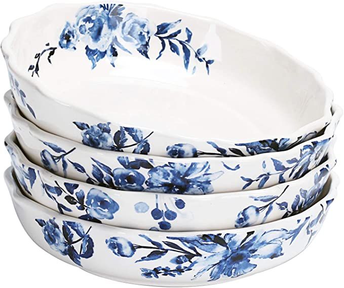 Bico Watercolor Blue Flower Ceramic 32oz Scalloped Dinner Bowls, Set of 4, for Pasta, Salad, Cere... | Amazon (US)