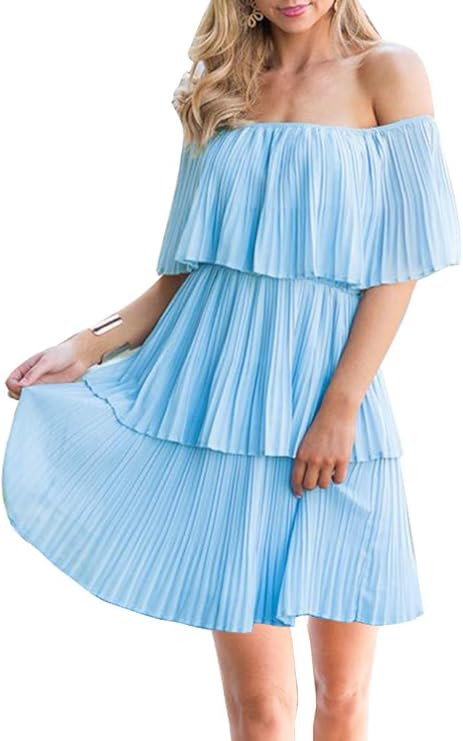 Soesdemo Women's Casual Off The Shoulder Sleeveless Tiered Ruffle Pleated Short Party Beach Dress | Amazon (US)