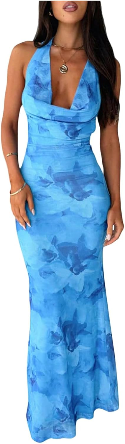SHENHE Women's Floral Maxi Dress Halter Cowl Neck Backless Bodycon Mesh Wedding Guest Party Long Dress | Amazon (US)