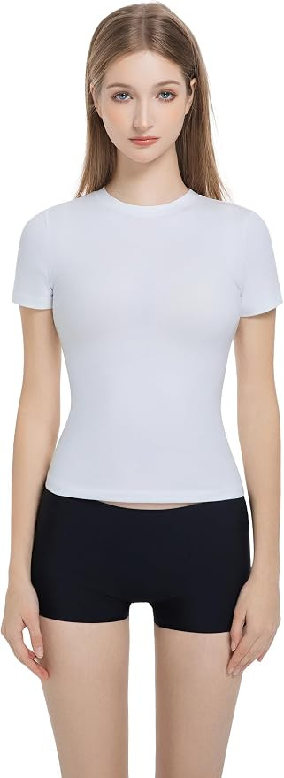 Women’s Fitted Crew Neck T-Shirt Stretchy Cotton Y2K Short Sleeve Tees for Workout Basic Tees G... | Amazon (US)
