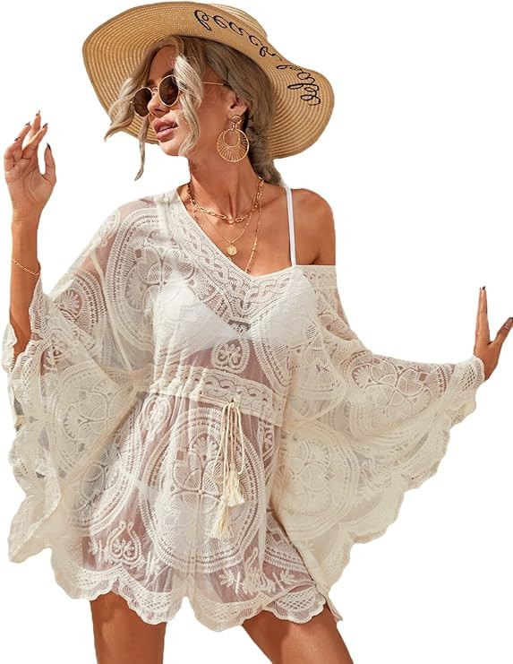 MakeMeChic Women's Short Sleeve Hollow Out Crochet Cover Up Dress Swimwear | Amazon (US)