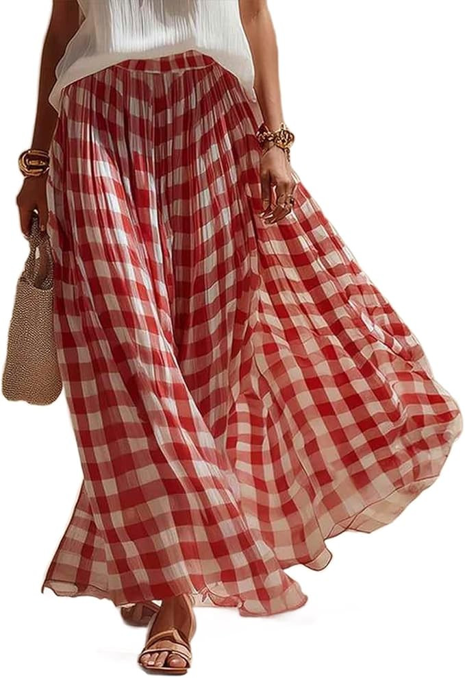 lcziwo Maxi Skirt Womens Plaid Flowy Swing A Line Long Skirts Gingham Chiffon Summer Boho Beach S... | Amazon (CA)