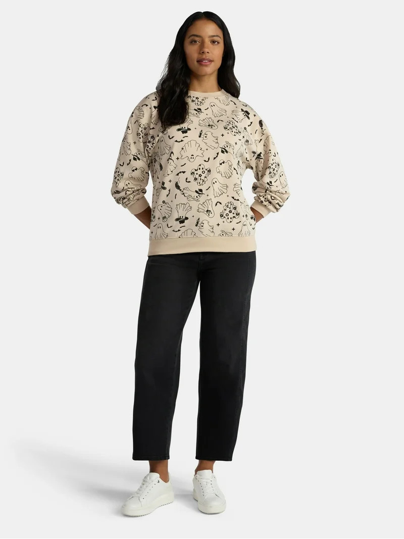 Halloween Women's Happy Ghost Graphic Print Sweatshirt with Long Sleeves, Sizes XXS-XXL | Walmart (US)