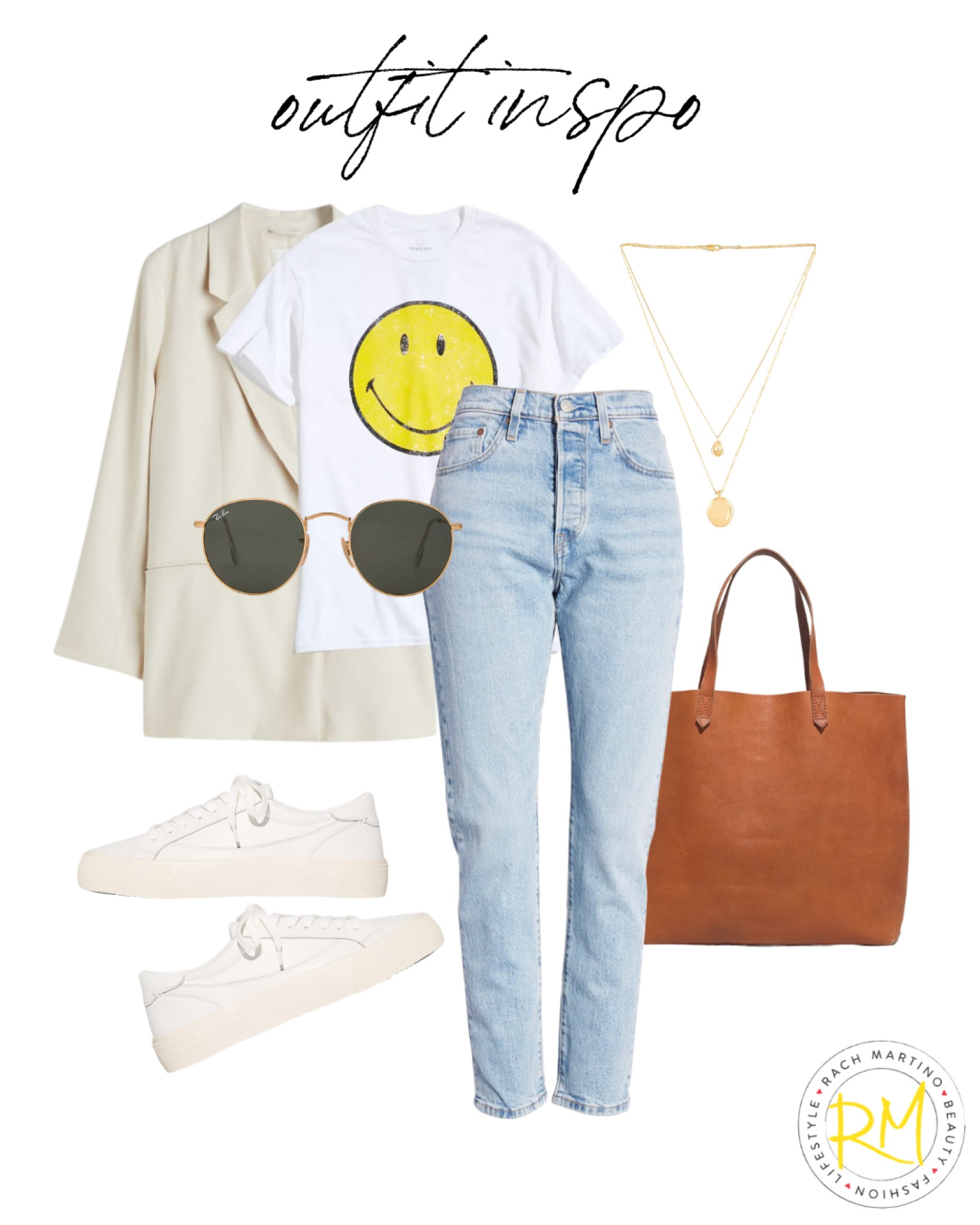 Graphic tea and blazer outfit idea, casual Friday outfit smiley face T-shirt, and blazer denim weekend look 

#LTKunder50 #LTKstyletip #LTKsalealert