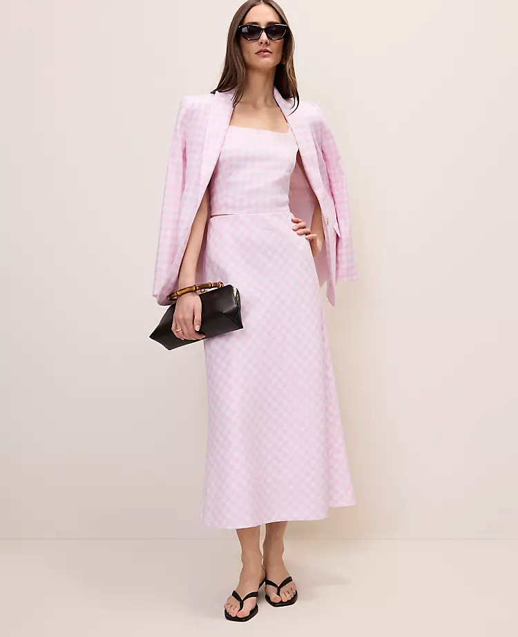 Gingham Linen Blend Midi Slip Skirt | Ann Taylor