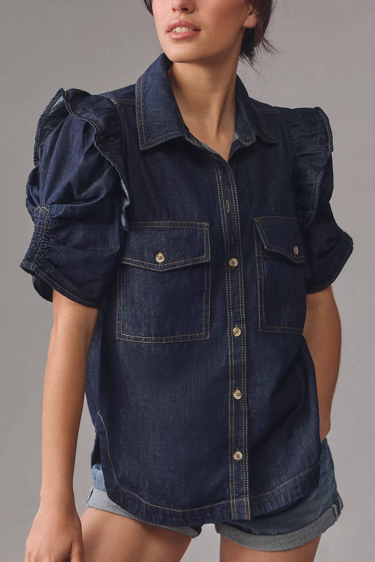 The Ozzi Ruffle-Sleeve Buttondown Shirt by Pilcro | Anthropologie (US)