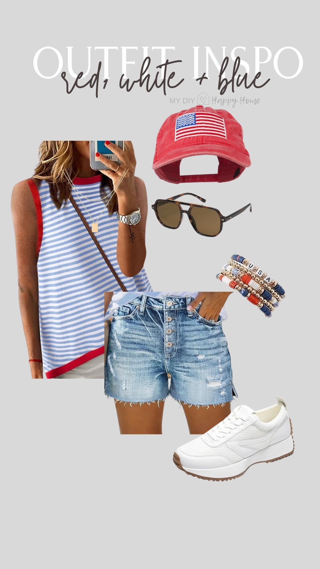 Summer outfit inspo

Striped sleeveless top 
Denim shorts sneakers 
Distressed flag hat 
Sunglasses
Layered necklaces 
Stacked bracelets 

#LTKFindsUnder50 #LTKMidsize #LTKSeasonal