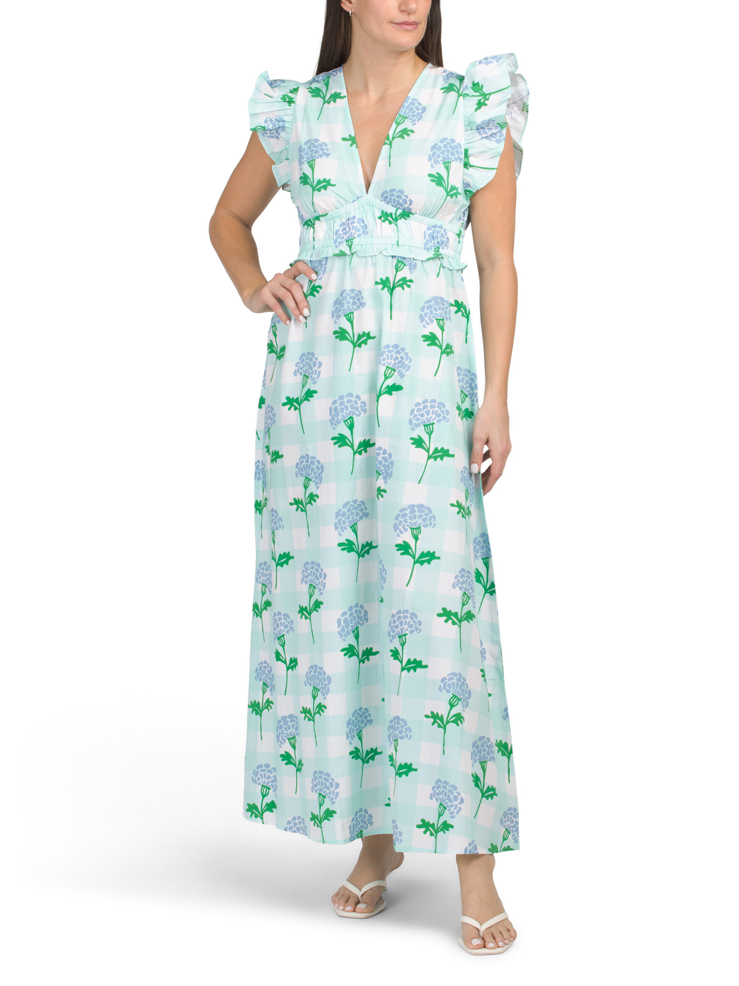 Flutter Sleeve V-neck Floral Gingham Maxi Dress | Casual Dresses  | Marshalls | Marshalls