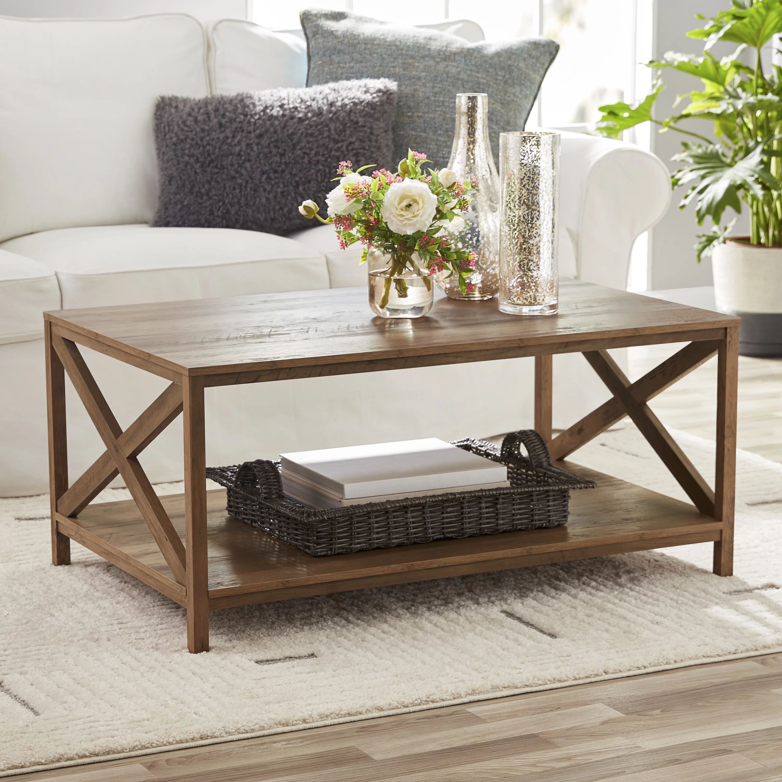 Mainstays Farmhouse X Design Rectangle Coffee Table, Rustic Weathered Oak | Walmart (US)
