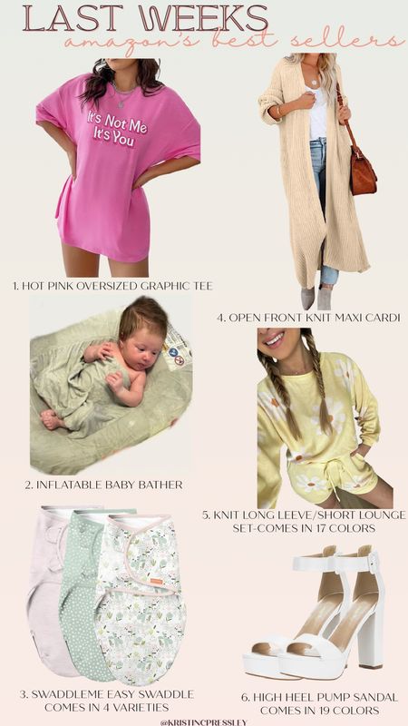 Last weeks Amazon best sellers. Spring style. Mom style. Hot pink graphic tea. Newborn must haves. Baby must haves. Newborn essentials. Spring shoes. White platform heels.