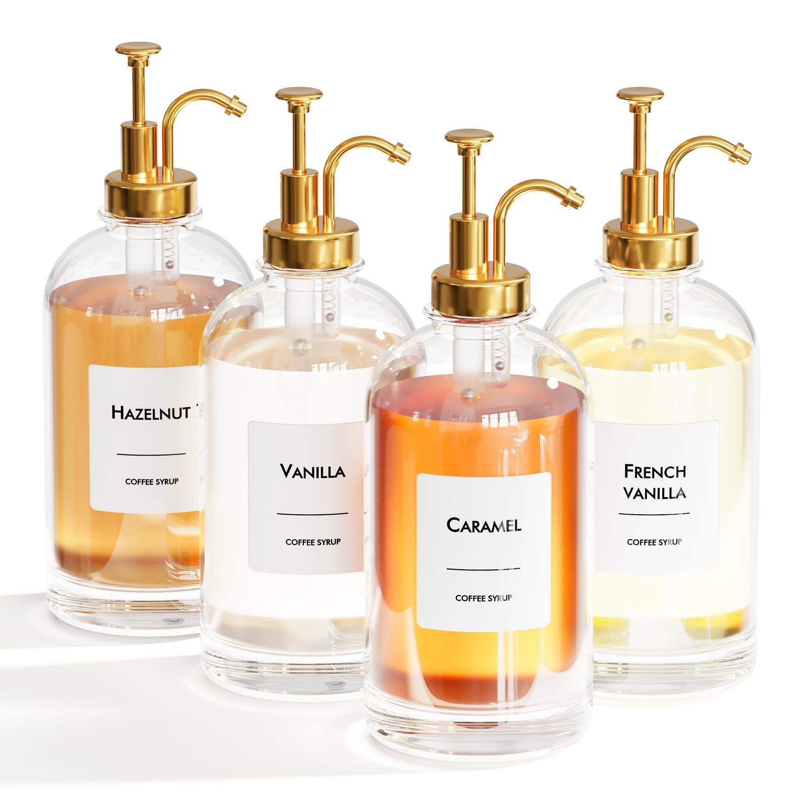 16.9 oz (500 ml) Coffee Syrup Dispenser Set- 4 Glass Bottles with Gold Pumper and Syrup Labels - ... | Amazon (US)