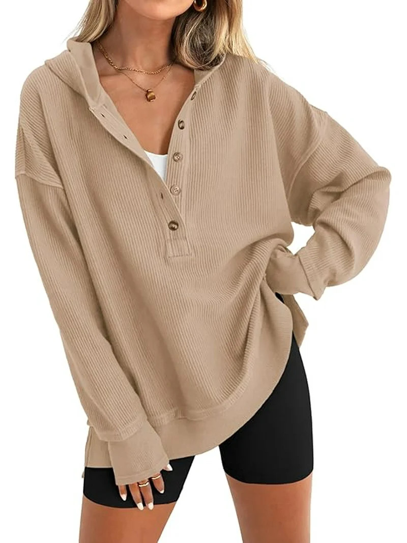 PRETTYGARDEN Womens Fashion Oversized Long Sleeve Hoodie Button Down V Neck Sweatshirt Side Slit ... | Walmart (US)