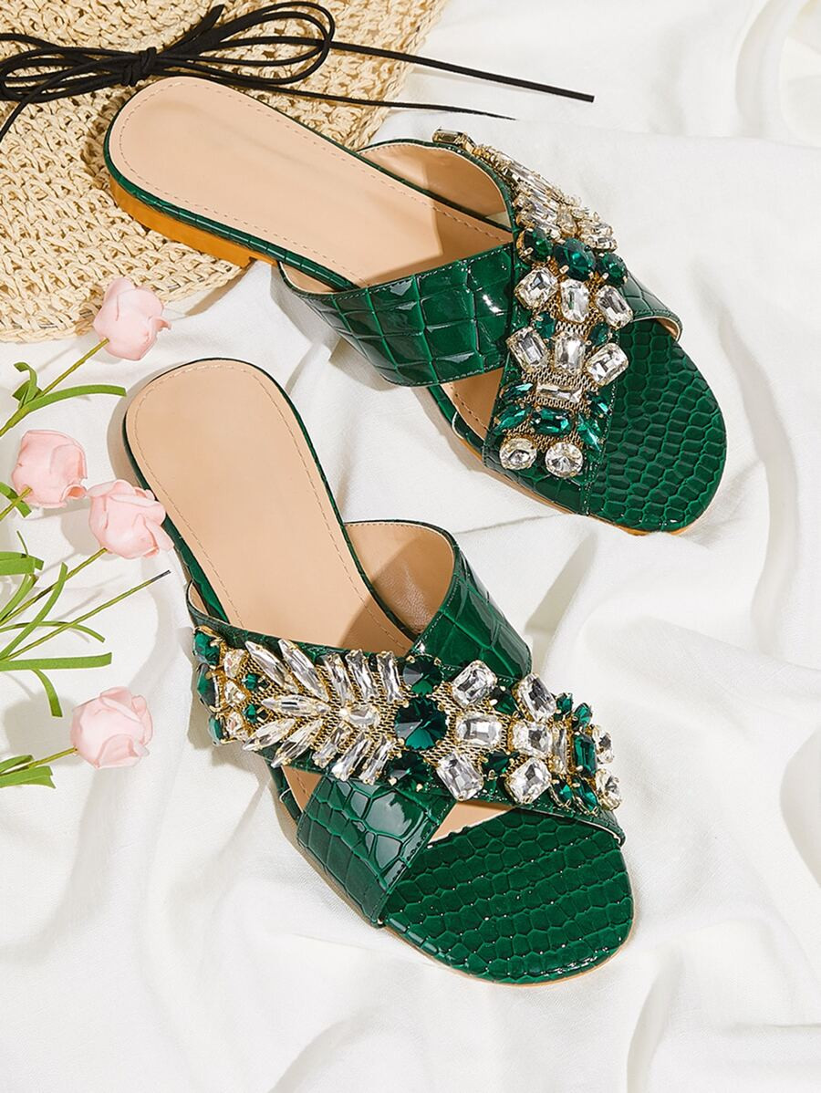 Gemstone Decor Croc Embossed Slide Sandals | SHEIN