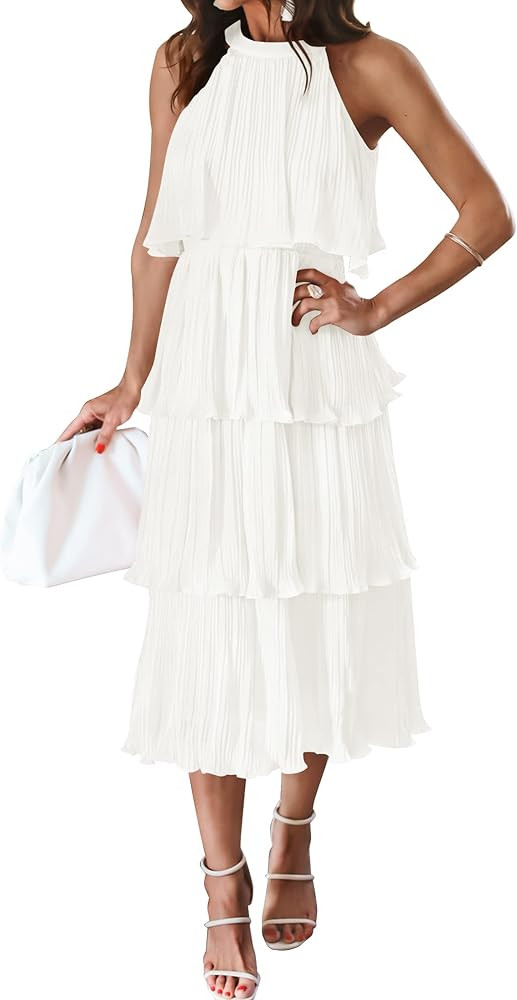 ZESICA Women's 2023 Summer Sleeveless Halter Neck Ruffle Tiered Layered Chiffon Flowy Swing Long ... | Amazon (US)