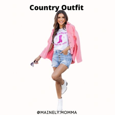 Country style outfit 
Pink corduroy jacket
Jean shorts
White booties 
Cowboy graphic tee

#competition

#LTKsalealert #LTKstyletip #LTKSeasonal