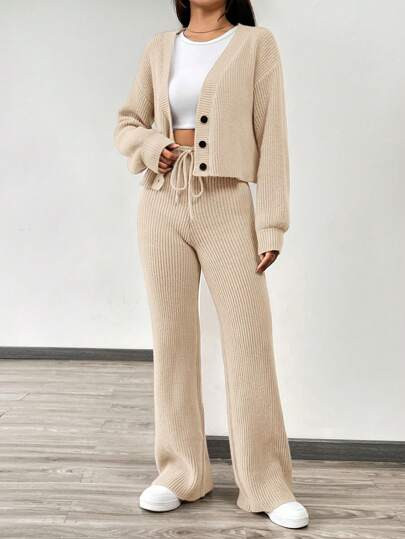 SHEIN EZwear Autumn And Winter Women's Casual Solid Color Long Sleeves Knitwear Cardigan Two Piec... | SHEIN