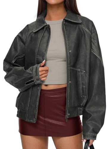 PRETTYGARDEN Faux Leather Jacket Women Bomber Motorcycle Zip Up Jackets Oversized Fall Fashion Outfits 2025 Winter Coats (Grey,Small) | Amazon (US)