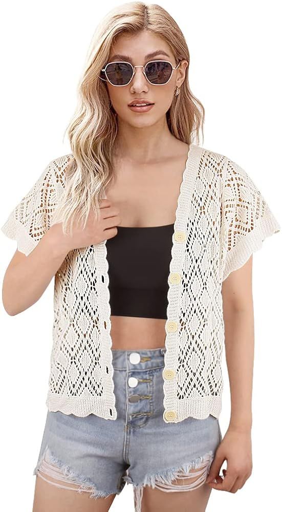 Slippie Women's Open Front Knit Cropped Bolero Shrug Cardigan Sweater Short Sleeve V Neck Hollow ... | Amazon (US)