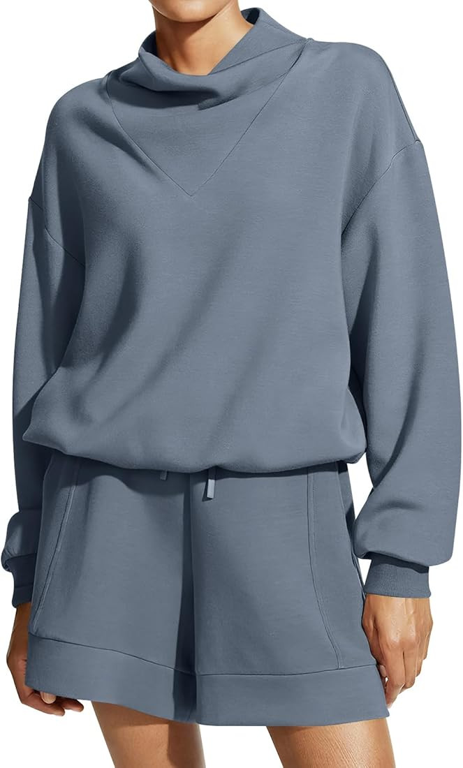 Caracilia Women 2 Piece Outfits Loose Sweatsuits Fashion Cowl Neck Sweatshirts & Shorts Set Loung... | Amazon (US)