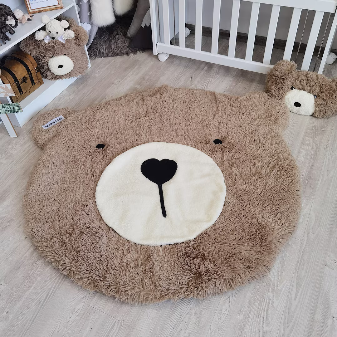 Fluffy Personalized Bear Rug Adventure Woodland Nursery Decor for Baby Boy, Cute Nursery Rug, Uni... | Etsy (US)