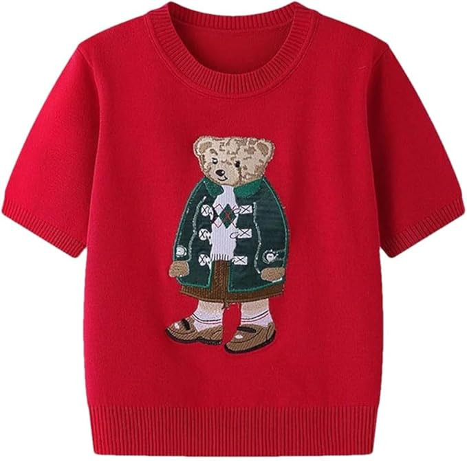 Women's Solid Color Round Neck Short Sleeve Embroidered Knitted Pullover Sweater | Amazon (US)