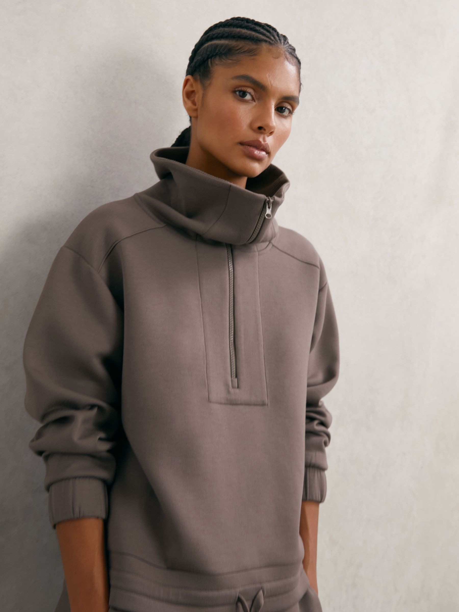 Reiss Premium Interlock Half-Zip Sweatshirt in Taupe Brown | REISS | Reiss US