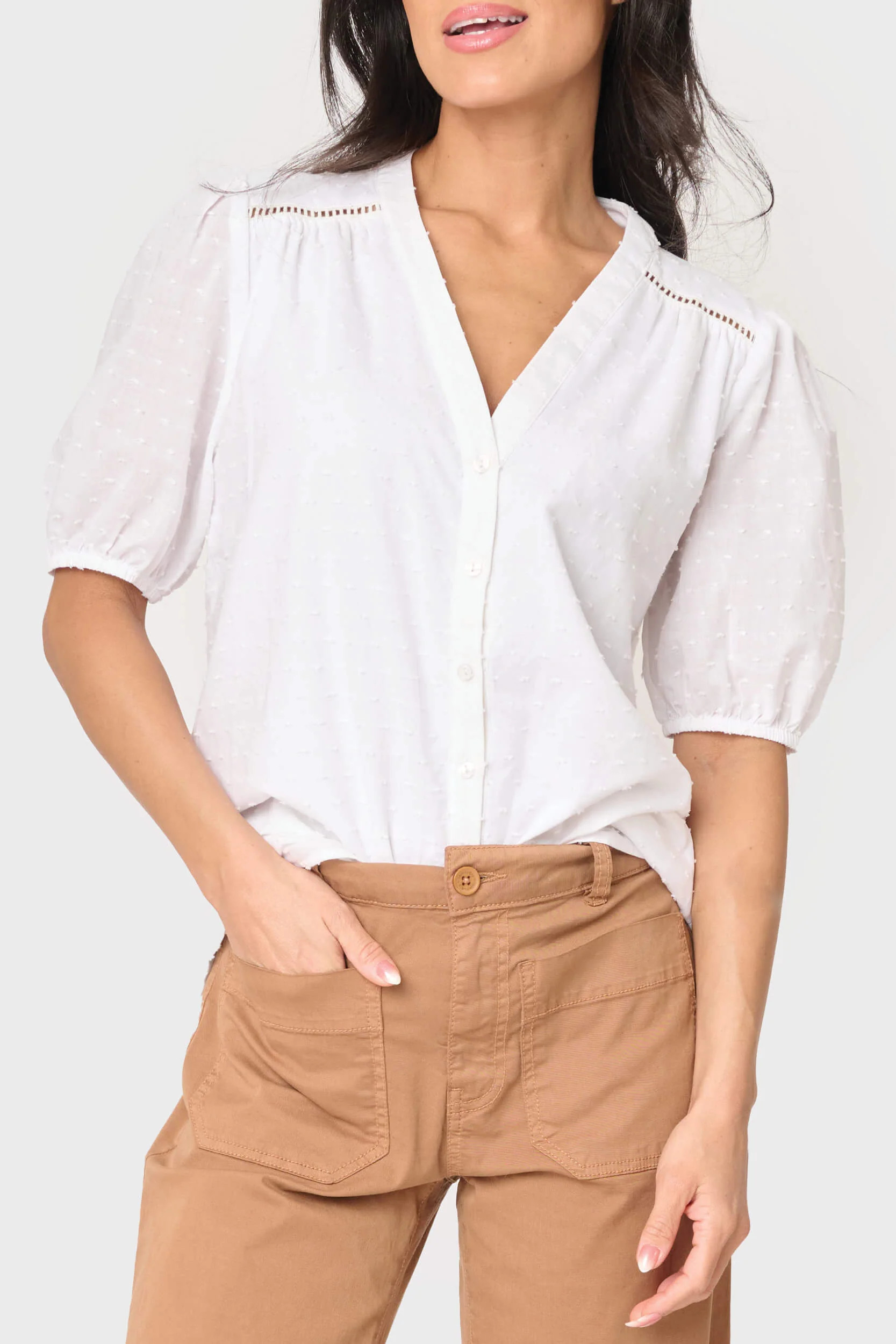 Button Front Puffed Sleeve Blouse | Gibsonlook