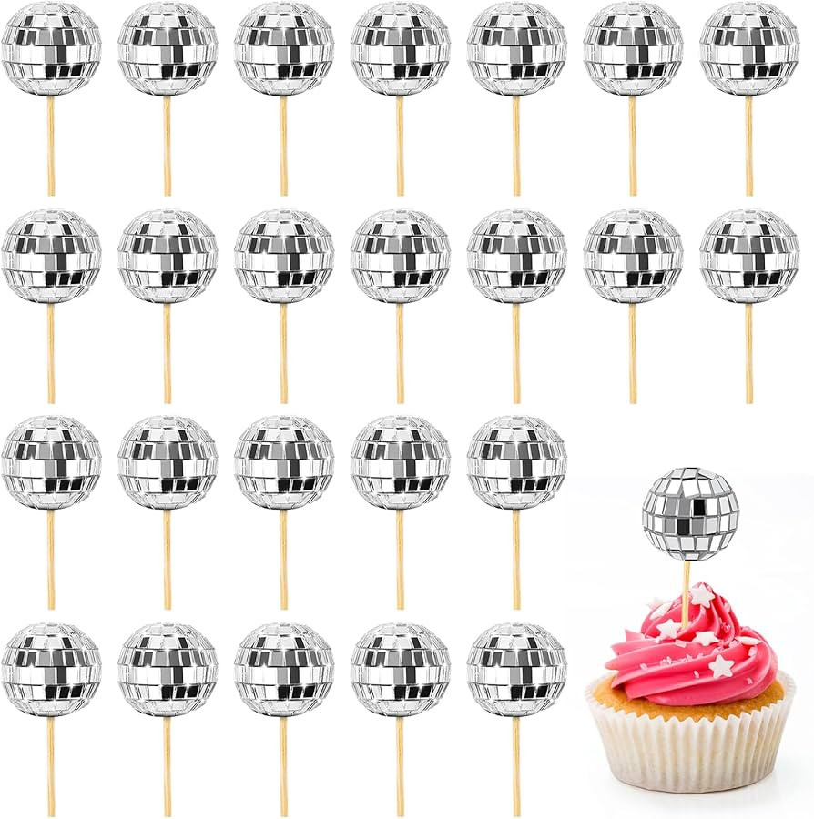 24 Pcs Disco Ball Cupcake Toppers, Mini Disco Ball Cake Picks Birthday Cake Decorations for 1970s... | Amazon (US)