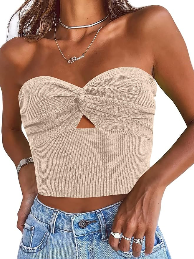 ANRABESS Women Strapless Crop Tube Top Sexy Ribbed Knit Cutout Twisted Knot Front Sleeveless Y2K ... | Amazon (US)