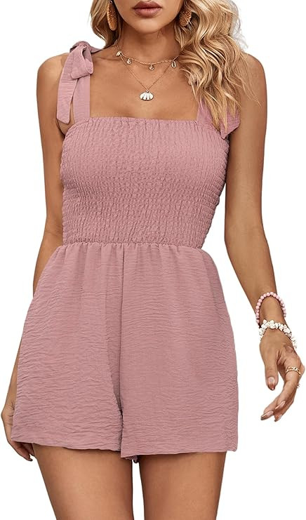 Umenlele Women's Casual Tie Shoulder Smocked Sleeveless Summer Short Jumpsuit Romper With Pockets | Amazon (US)