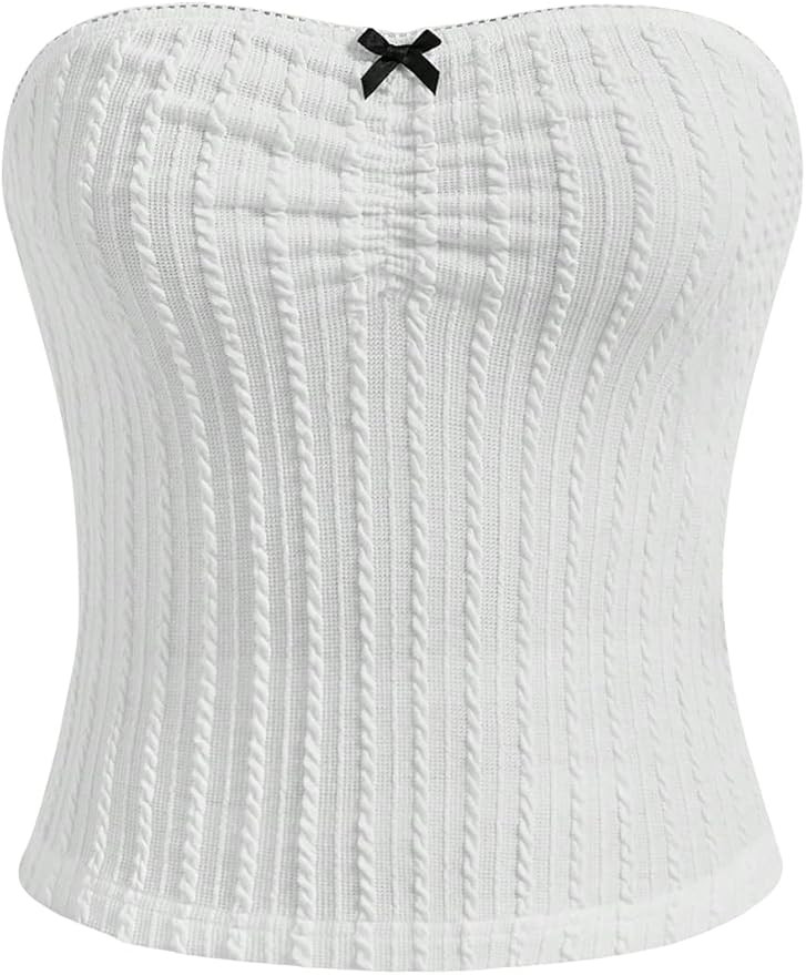 SHENHE Women's Strapless Bow Front Ruched Cute Sleeveless Vintage Slim Tube Top | Amazon (US)