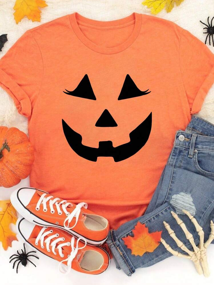 SHEIN Essnce Halloween Shirt, Women Halloween Shirt, Jack O Lantern, Halloween T-Shirt, Tee Shirt, T Shirt, Women, Women's, Shirt, Halloween, Pumpkin,Casual Short Sleeve Slim-Fit Women's T-Shirt With Simple Design, Suitable For Summer | SHEIN