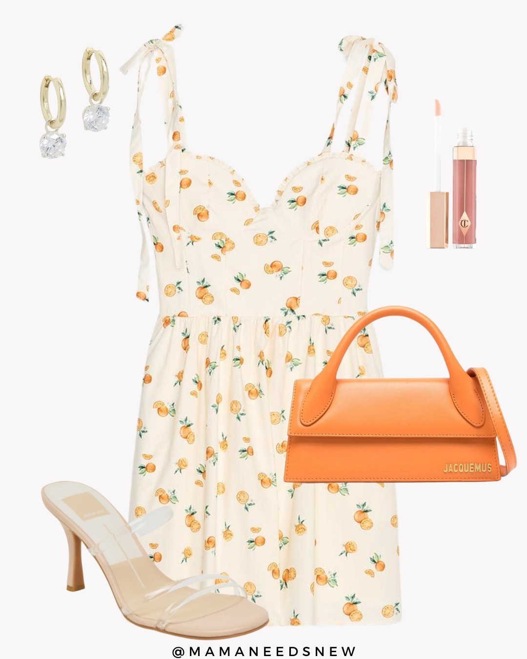 A summer outfit with a white orange print dress, clear strap heels, orange top handle bag 🍊🧡

#LTKStyleTip #LTKSaleAlert #LTKItBag