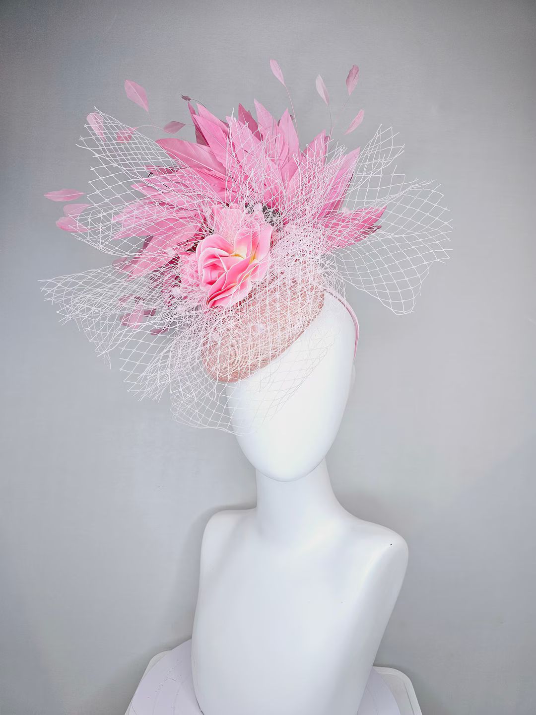 Kentucky Derby Hat Fascinator Light Blush Pink Sinamay Pink Rose and Pink Feathers With Pink Nett... | Etsy (US)