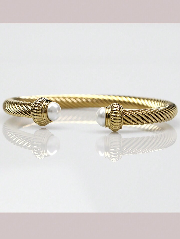 1pc 18k Gold Plated European Fashion Stainless Steel Cable Wire Cuff Bangle With Faux Pearl Ends,... | SHEIN