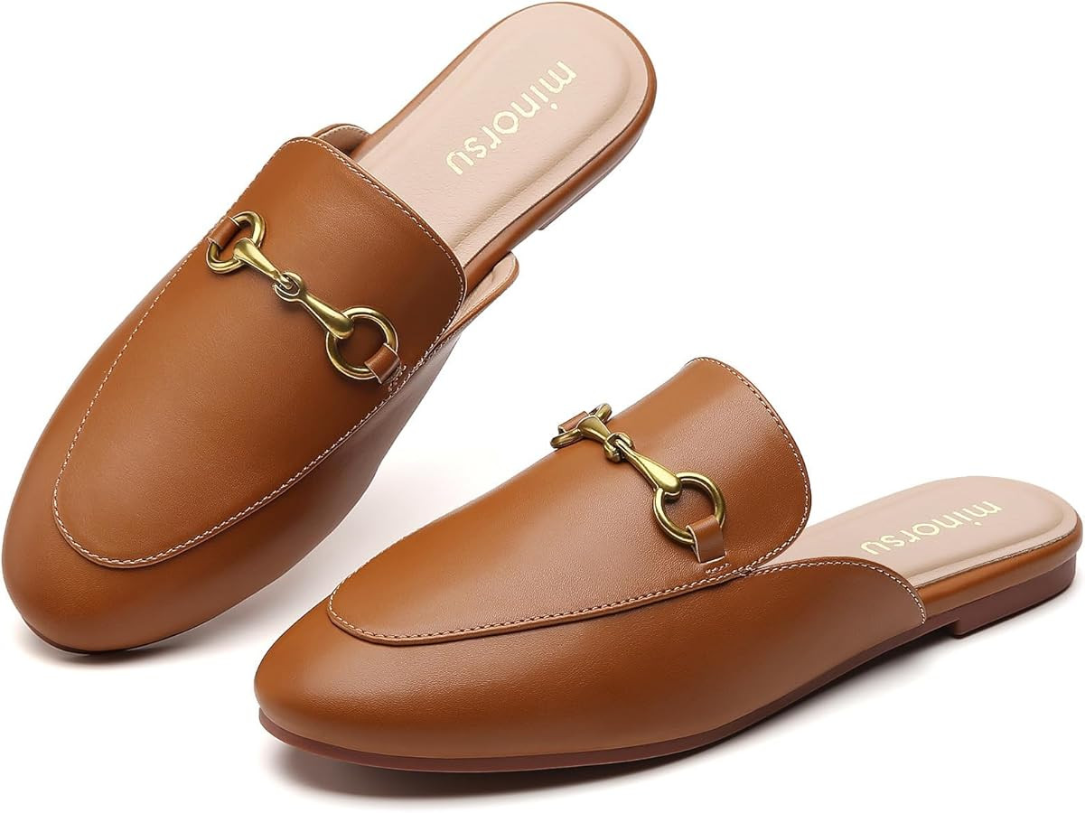 Minorsu Buckle Mules for Women Round Toe Backless Flat Mules Slides Mules Shoes Ladies Slip-on Lo... | Amazon (US)