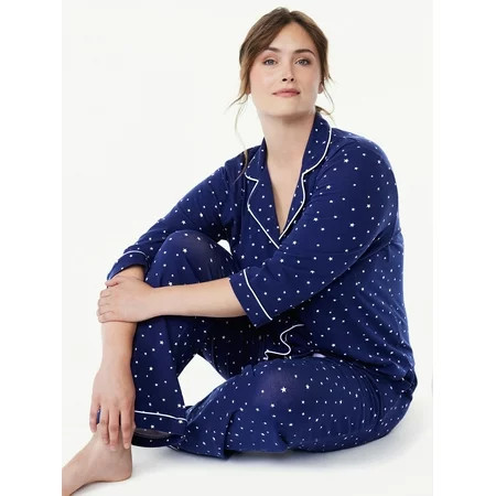 Joyspun Women’s Cotton Blend Notch Collar Top and Pants Pajama Set 2-Piece Sizes S-4X | Walmart (US)