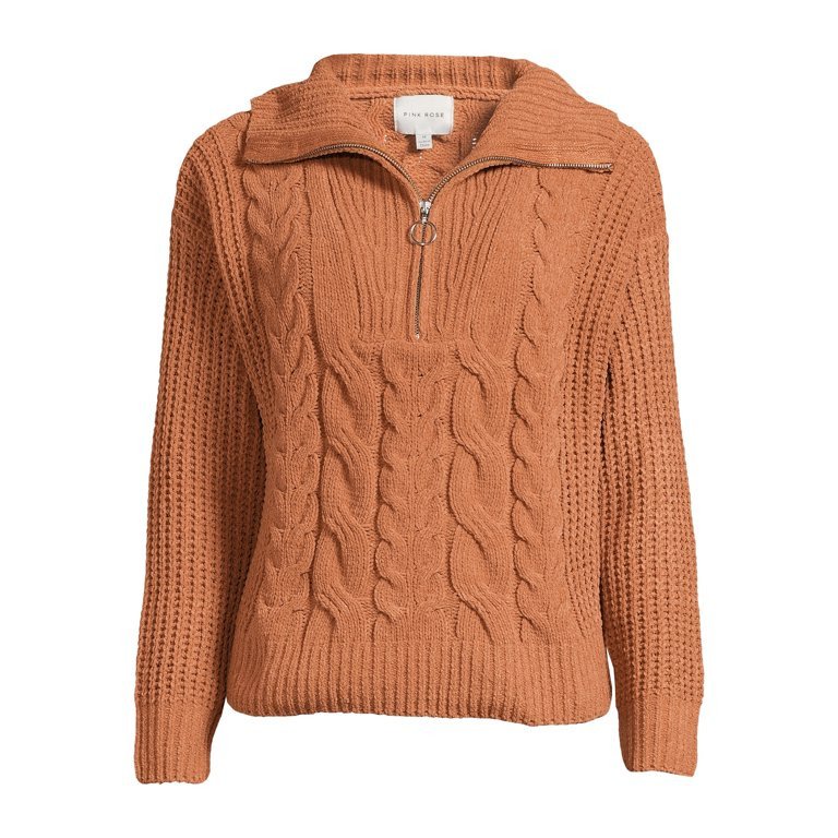 Pink Rose Juniors Half Zip Cable Pullover Sweater with Long Sleeves, Sizes S-L | Walmart (US)