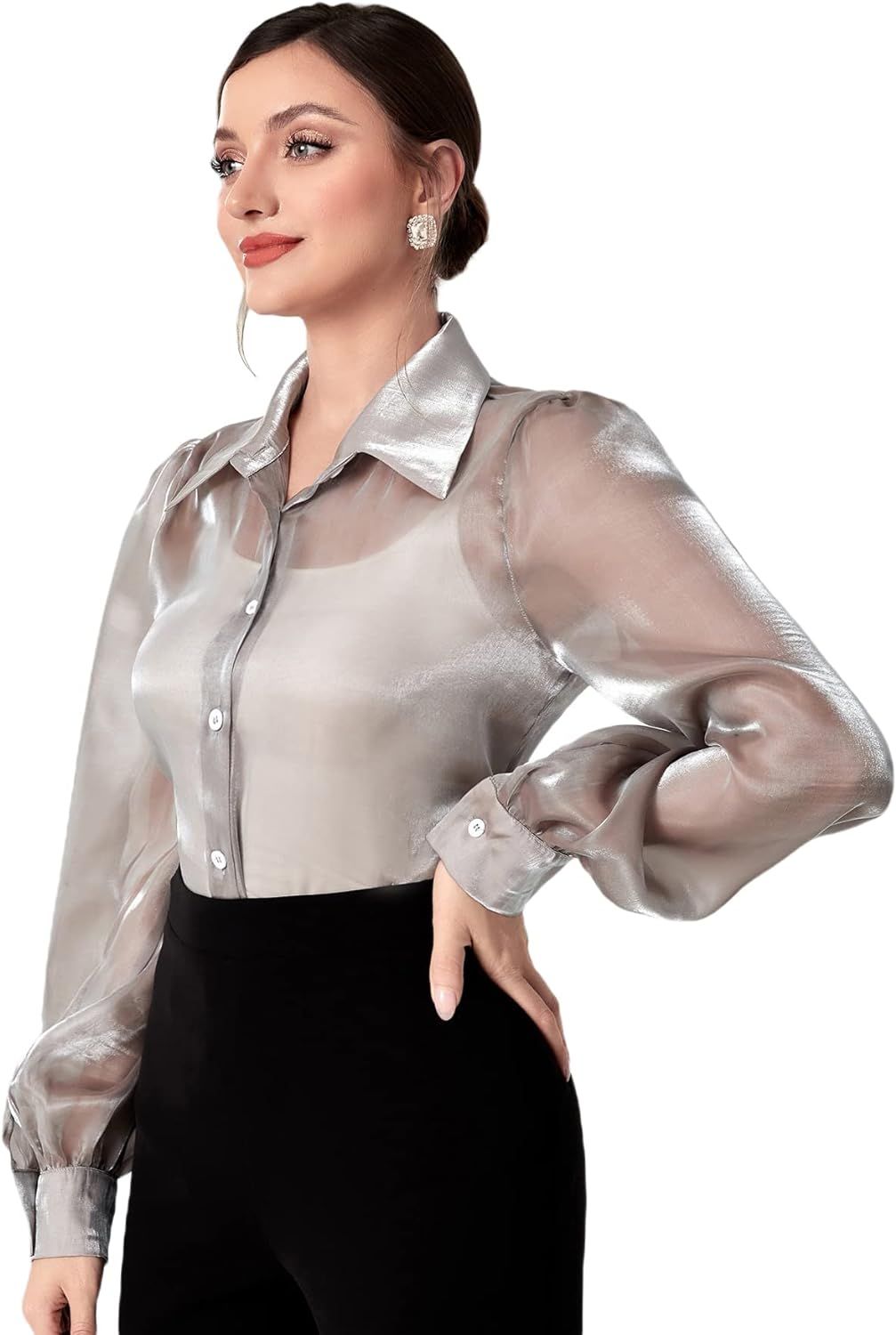 GORGLITTER Women's Lantern Long Sleeve Button Down Shirt Top Metallic Sheer Mesh Collar Blouse | Amazon (US)