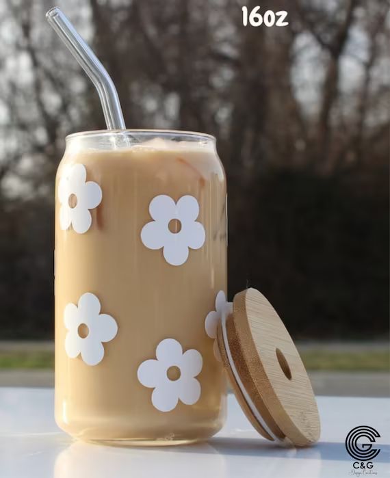 Retro Flower Glass Jar  Daisy Coffee Glass  Boho Beer Glass | Etsy | Etsy (US)