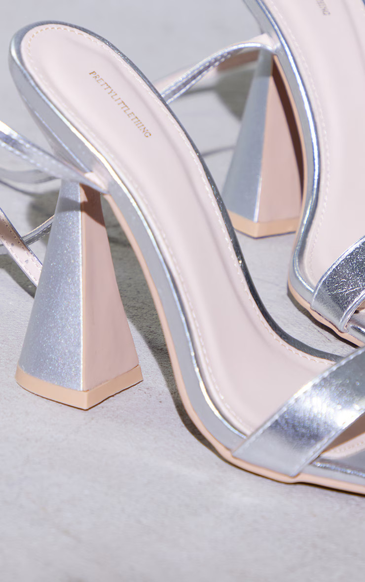 Silver Pu Plaited Flare Heeled Sandals | PrettyLittleThing US