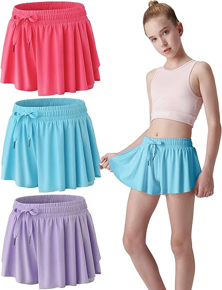 3 Pack Girls Flowy Shorts with Spandex Liner 2-in-1 Youth Butterfly Skirts for Fitness, Running, ... | Amazon (US)